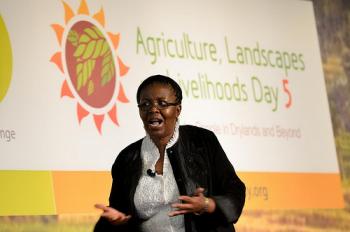 Lindiwe Sibanda asks the high-level panel in frustration "Why's there still no deal on agriculture?". Photo: N. Palmer (CIAT)