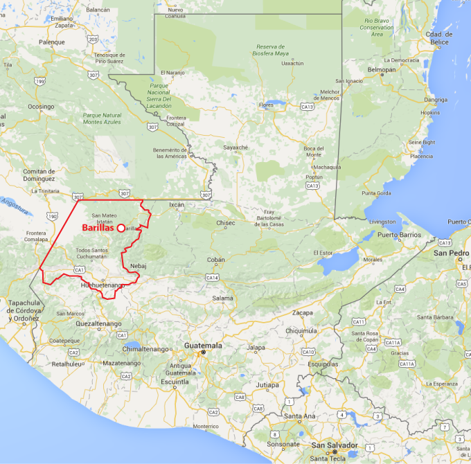 Location of Barillas, Huehuetenango, Guatemala. Map: Google