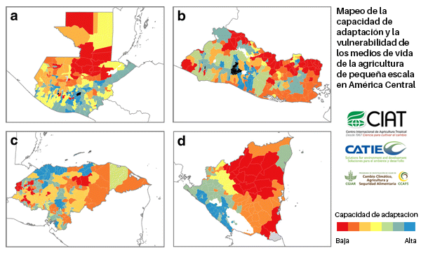 Distribución de la capacidad de adaptación por municipios en los países de América Central.