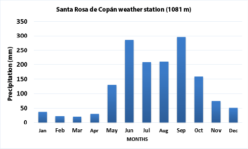 Precipitación (mm) histórica 1952 - 2013 para la estación meteorológica de Santa Rosa. Fuente COPECO.