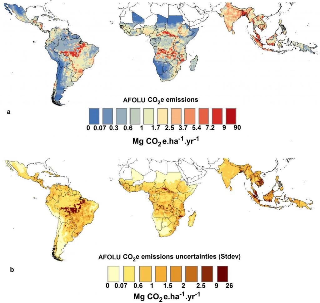 a) Hotspots of annual AFOLU emissions (red cells) and (b) associated uncertainties (1σ) in MgCO2e.ha.-1.yr-1 for the tropical region, for the period 2000-2005, at 0.5°resolution. Emissions are the result of 1000 Monte Carlo simulations for the leading AFOLU emission sources (deforestation, degradation (fire, wood harvesting), soils (crops, paddy rice), livestock (enteric fermentation and manure management). Source: Roman-Cuesta et al. (2016)