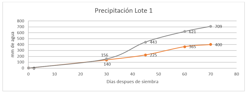 Gris: Precipitación real presente en el lote Naranja: Requerimientos del cultivo