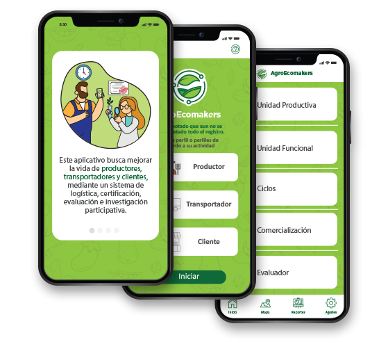 Vista de la versión móvil del aplicativo Agroecomakers 