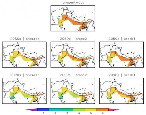 Figure 1: Spatial extent of wheat for present-day conditions and projected future conditions (assuming irrigation is available and therefore rainfall limitations are excluded) under the multi-model ensemble mean climate change for the three SRES emission scenarios, using temperature as the limit. Colours represent the number of months a grid point is within the climatic thresholds. Click to enlarge.