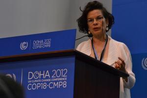 Bianca Jagger at the IUCN podium. Photo: C.Schubert (CCAFS)