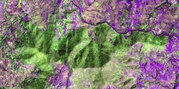 A 2014 false-color Pleiades satellite image of a land restoration project at Weira Amba in Ethiopia, with green areas showing reforestation
